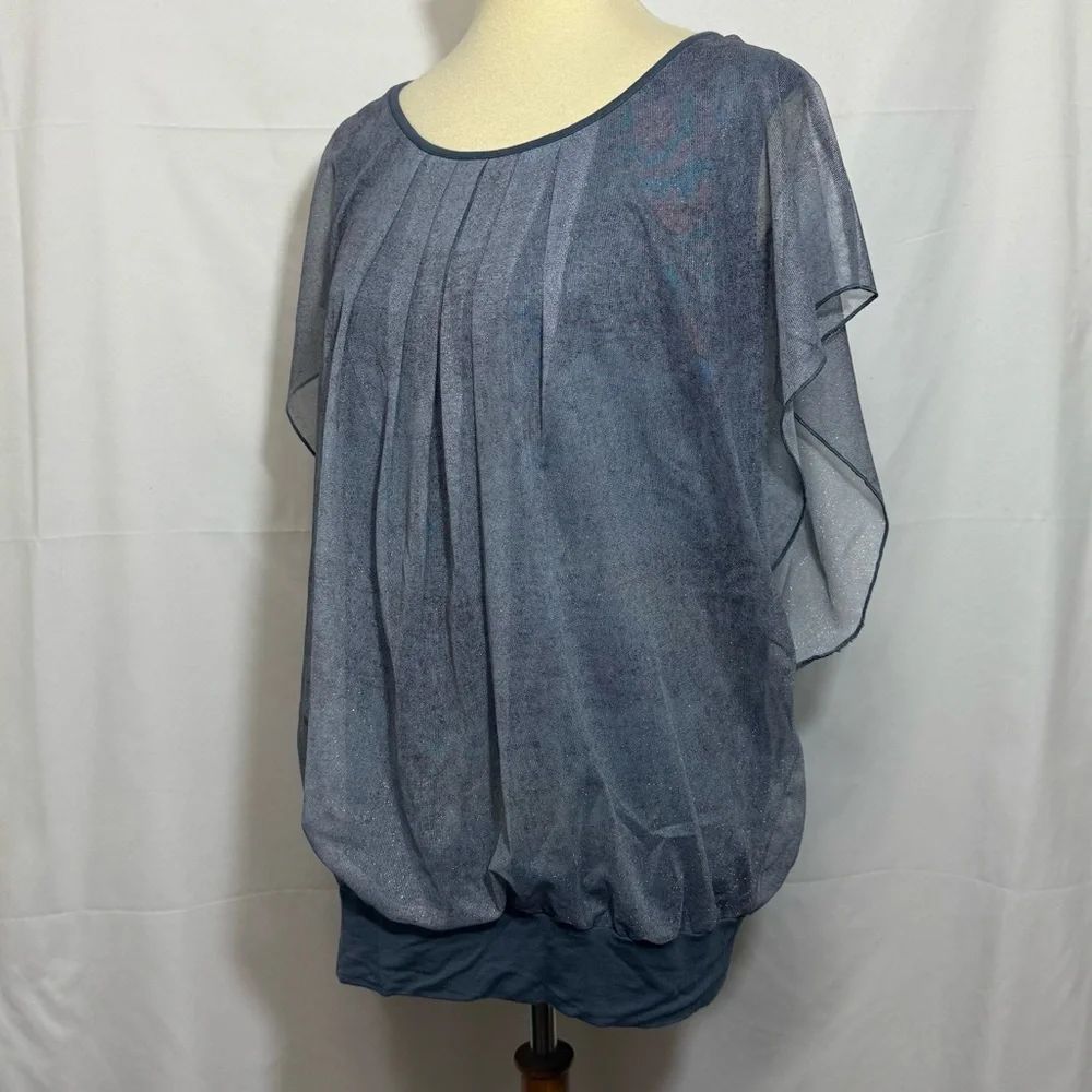 Women’s Size 2XL Chic Sheer Overlay Blue Blouse - Picture 5 of 15
